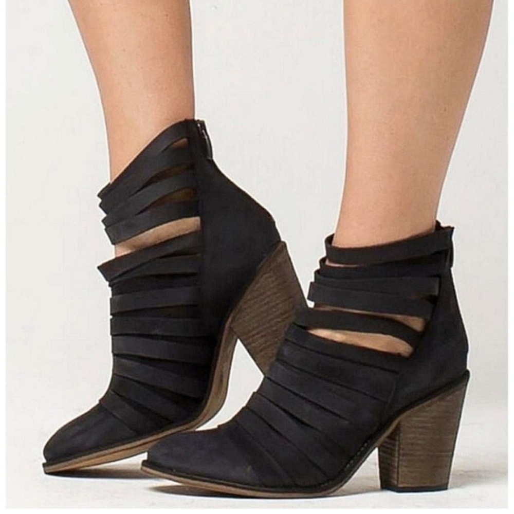 Free People Hybrid Strappy Nubuck Leather Ankle Booties Boots Heeled Black: 36